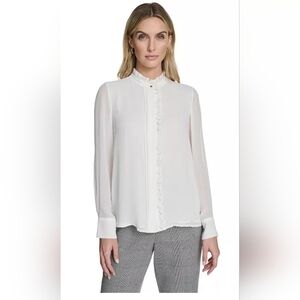 Calvin Klein Long Sleeve Blouse with Ruffle Front Detailing Cream White Size S
